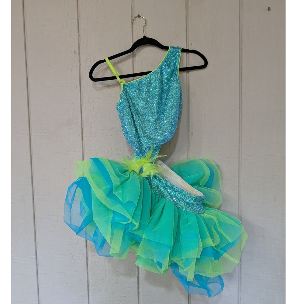 Tenth House Revolution Aqua Neon Yellow Sequin Tutu Dance‎ Costume Adult Medium